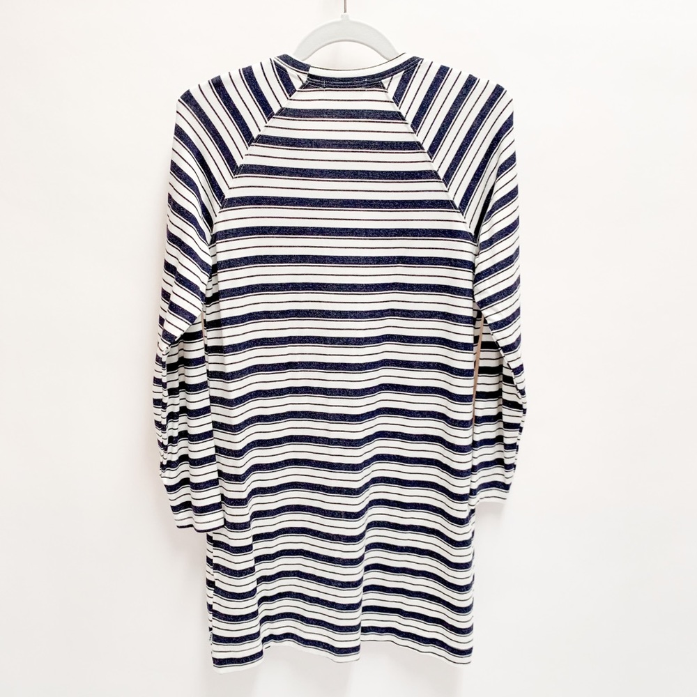 White Navy Blue Striped Long Sleeve Shift Dress - Picture 3 of 10